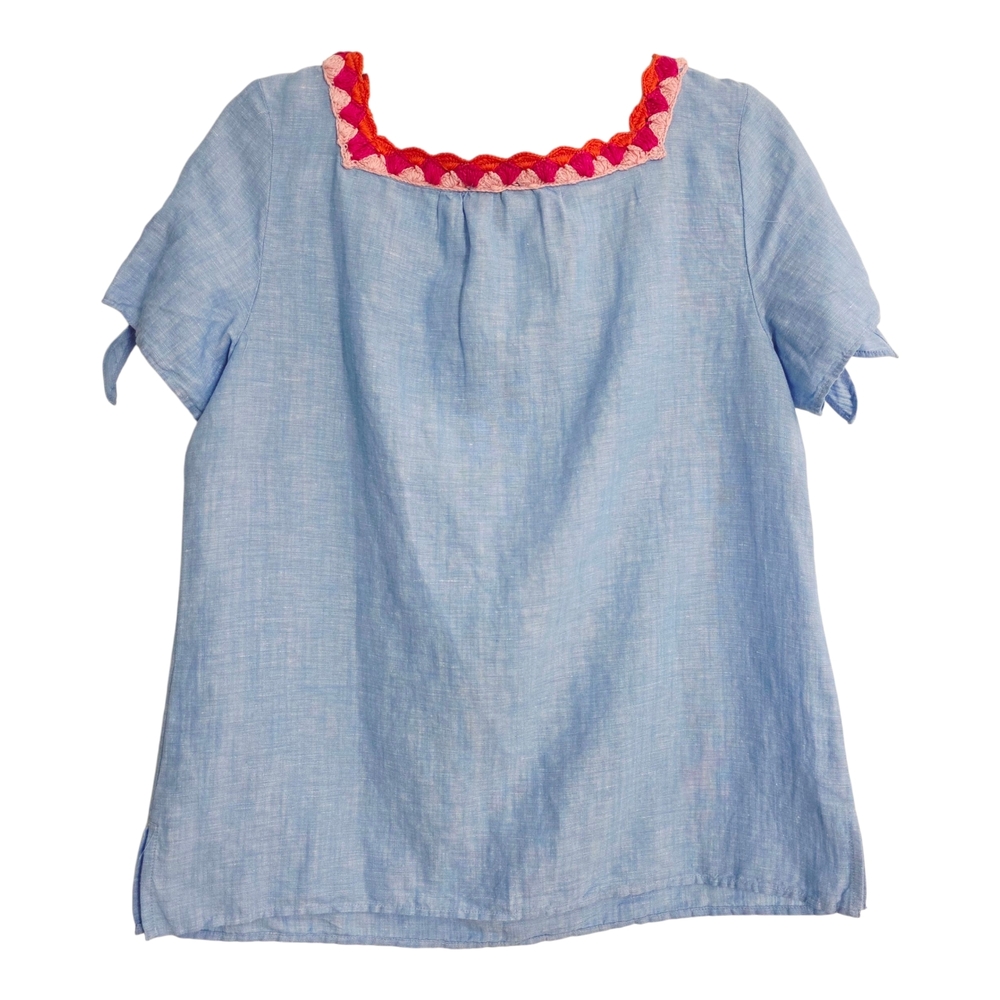 TALBOTS Boho Embroidered Linen Blue Blouse Small - Picture 3 of 12